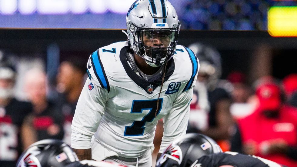 Carolina Panthers linebacker Jadeveon Clowney (7) lines up during the second half of an NFL football game against the Atlanta Falcons, Jan. 5, 2025, in Atlanta. (AP Photo/Danny Karnik, File)