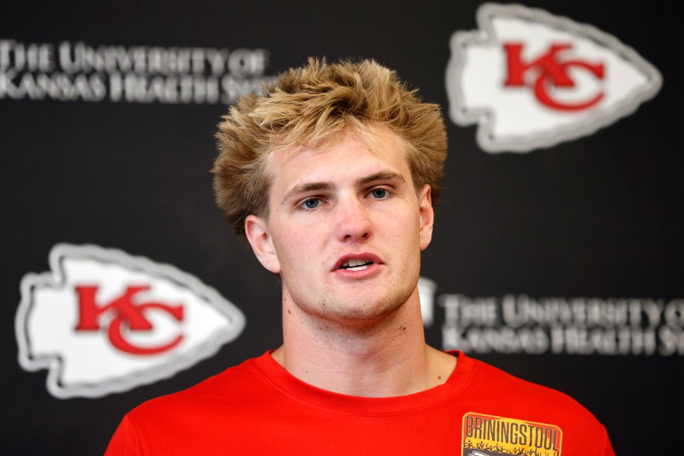 Kansas City Chiefs tight end Jake Briningstool talks with the media prior to the NFL football team's rookie minicamp in Kansas City, Mo., Sunday, May 4, 2025. (AP Photo/Colin E. Braley)