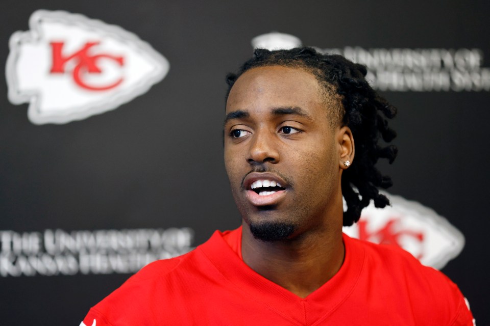 Kansas City Chiefs wide receiver Jalen Royals talks with the media prior to the NFL football team's rookie minicamp in Kansas City, Mo., Saturday, May 3, 2025. (AP Photo/Colin E. Braley)