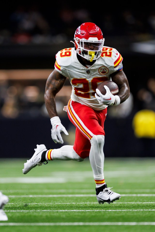La'Mical Perine #29 of the Kansas City Chiefs carrying the football during a preseason game.