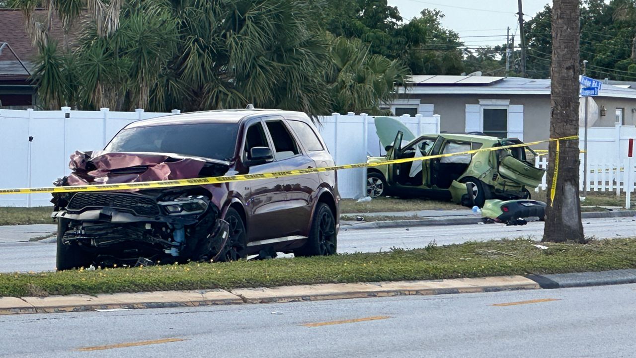 According to investigators, a Dodge Durango (left) crashed into a Kia Soul (right) that was trying to make a left turn. (Spectrum News/Eddie Jackson)