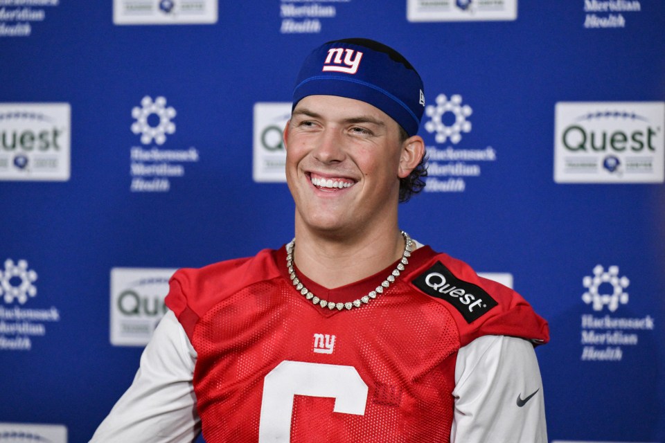 May 9, 2025; East Rutherford, NJ, USA; New York Giants quarterback Jaxson Dart (6) speaks to members of the press after rookie minicamp at Quest Diagnostics Training Center. Mandatory Credit: John Jones-Imagn Images