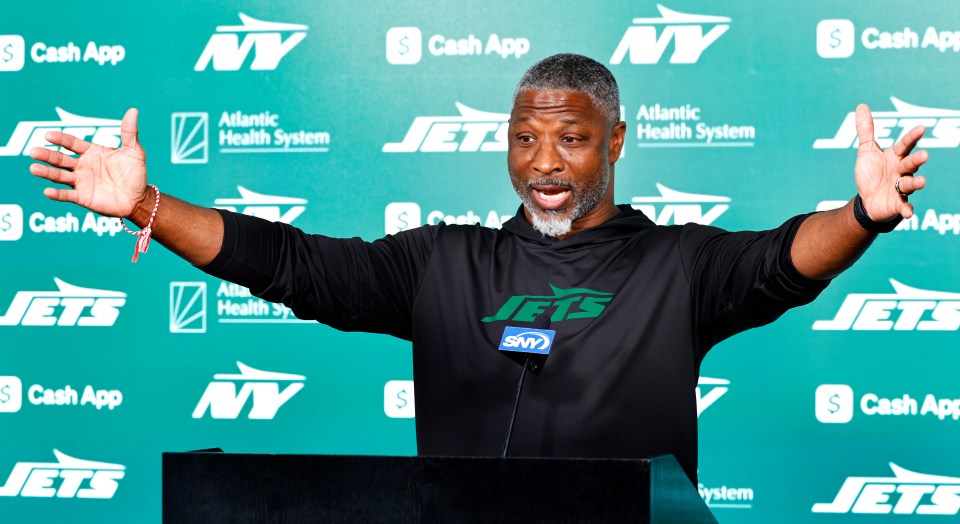 New York Jets head coach Aaron Glenn at a press conference.