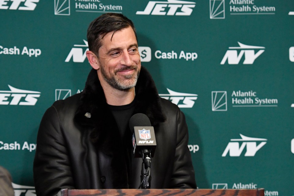 Aaron Rodgers at a New York Jets press conference.