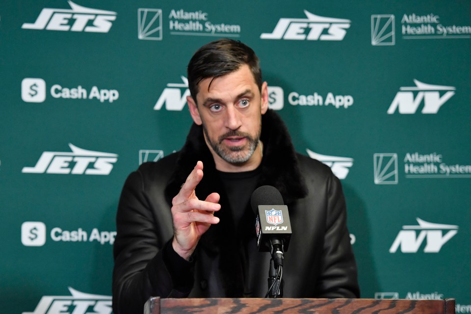 Aaron Rodgers at a New York Jets press conference.