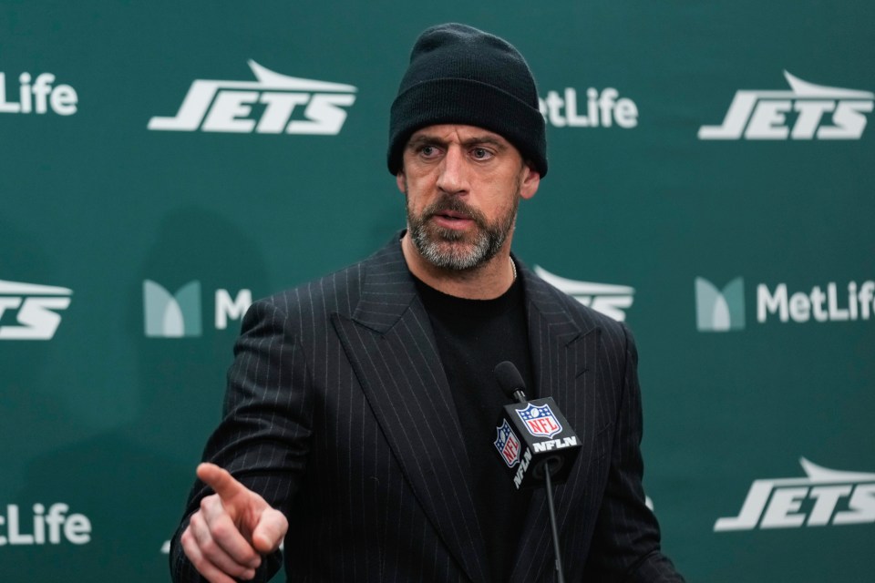 Aaron Rodgers at a New York Jets press conference.
