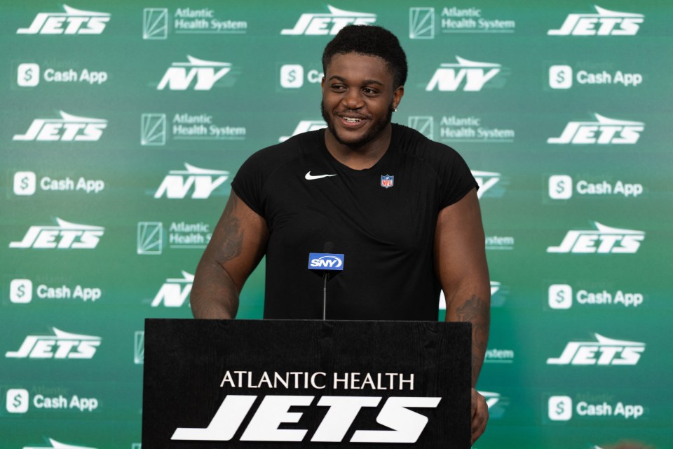 New York Jets rookie offensive tackle Armand Membou at a press conference.