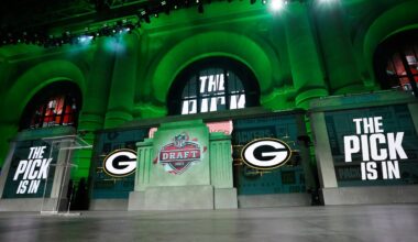 The onstage video screens display "The Pick Is In" for the Green Bay Packers during the 2023 NFL Draft, Thursday, April 27, 2023, in Kansas City, Mo.