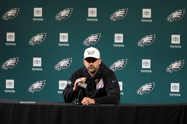 Eagles coach with a new contract Nick Sirianni speaks with the media at NovaCare Complex on Tuesday, May 20, 2025. (Matt Slocum / Associated Press)