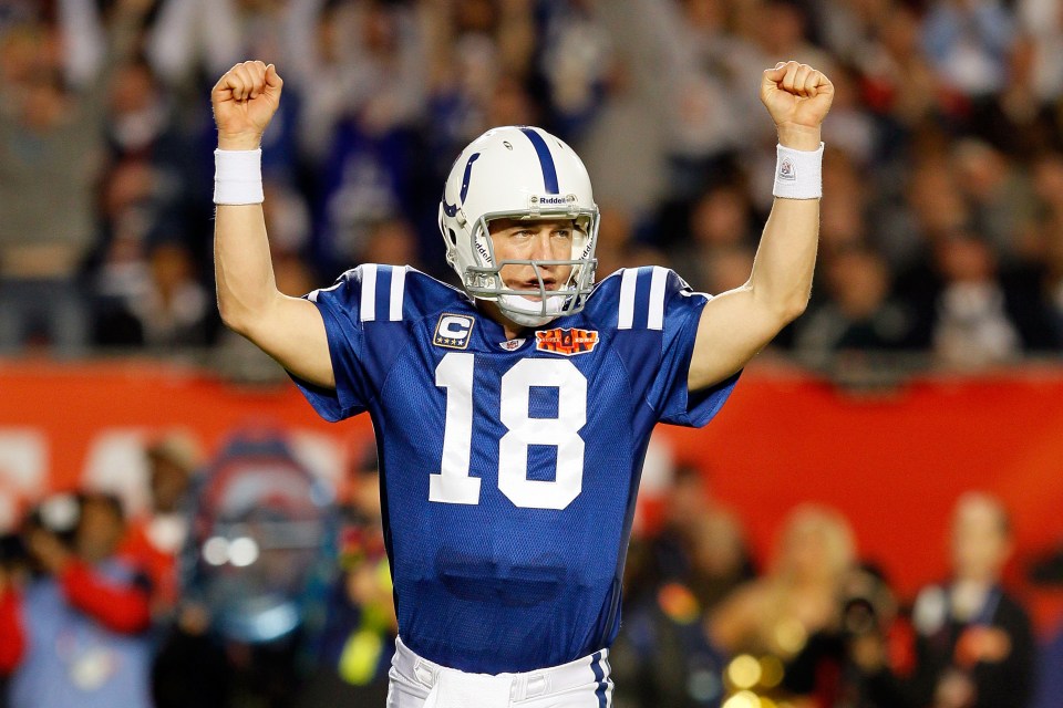 Peyton Manning #18 of the Indianapolis Colts celebrating a touchdown.