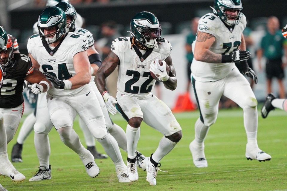 Philadelphia Eagles running back Trey Sermon (#22) running with the football during a preseason game.