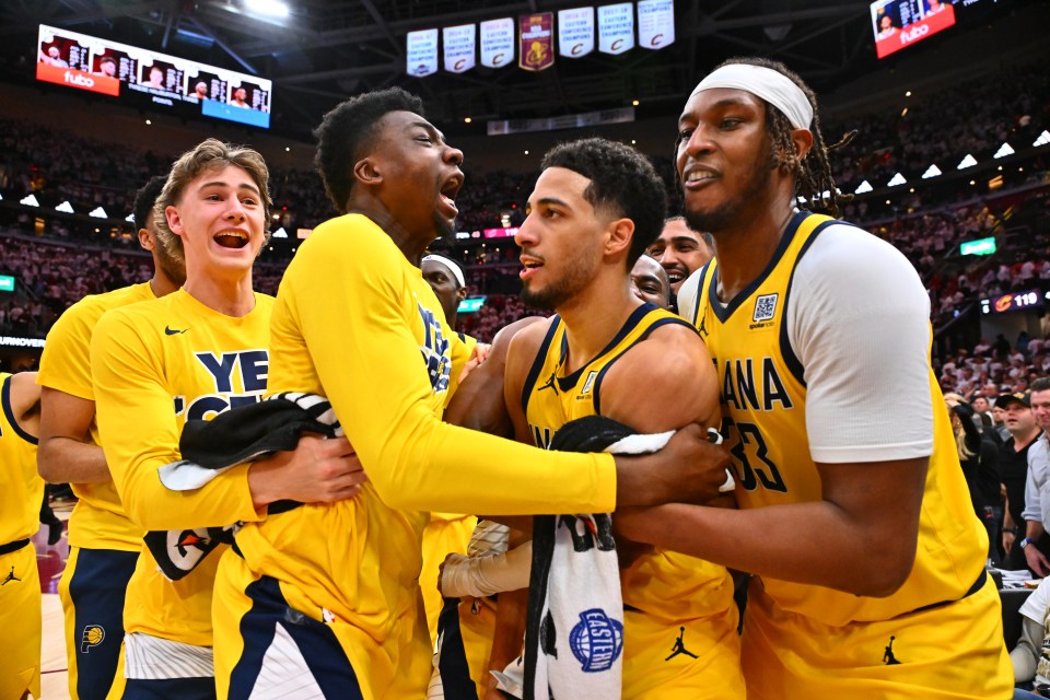 Indiana Pacers teammates celebrating a victory.