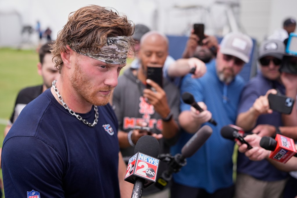 Tennessee Titans quarterback Will Levis responding to questions during a news conference after an NFL football practice in Nashville, Tennessee on May 28, 2025.