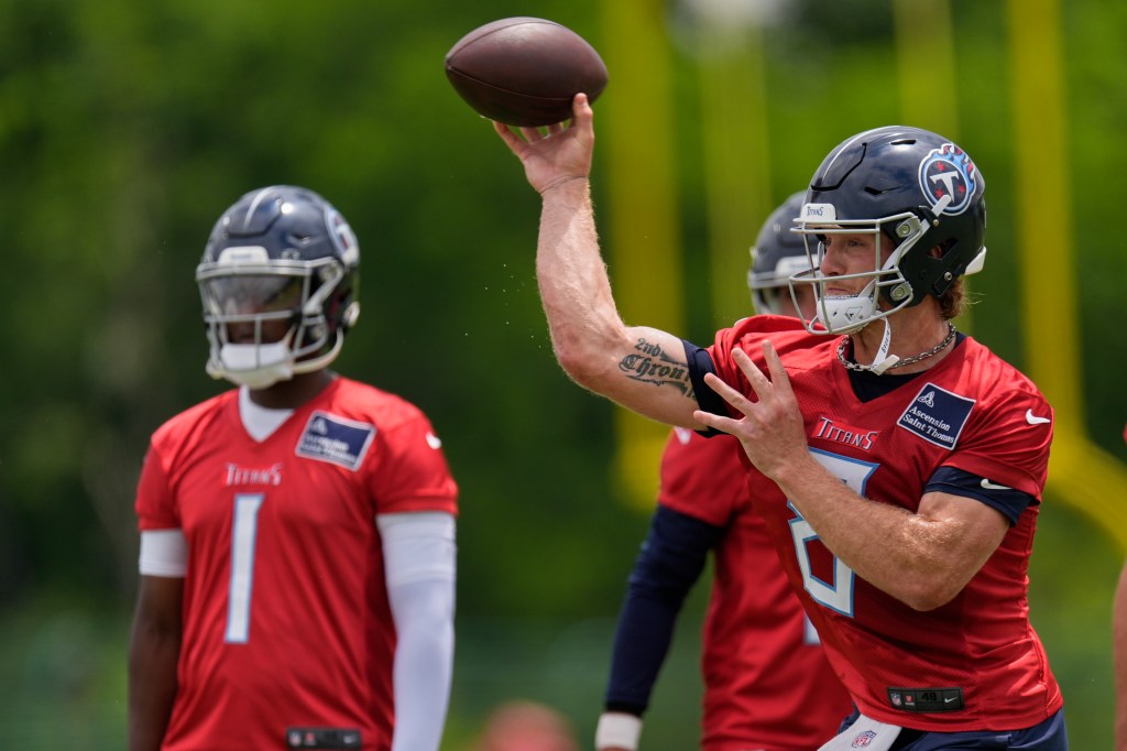 Tennessee Titans quarterback Will Levis throwing a pass during an NFL practice in Nashville, Tenn. on May 28, 2025.