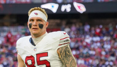 Arizona Cardinals TE Trey McBride looks on during pregame....