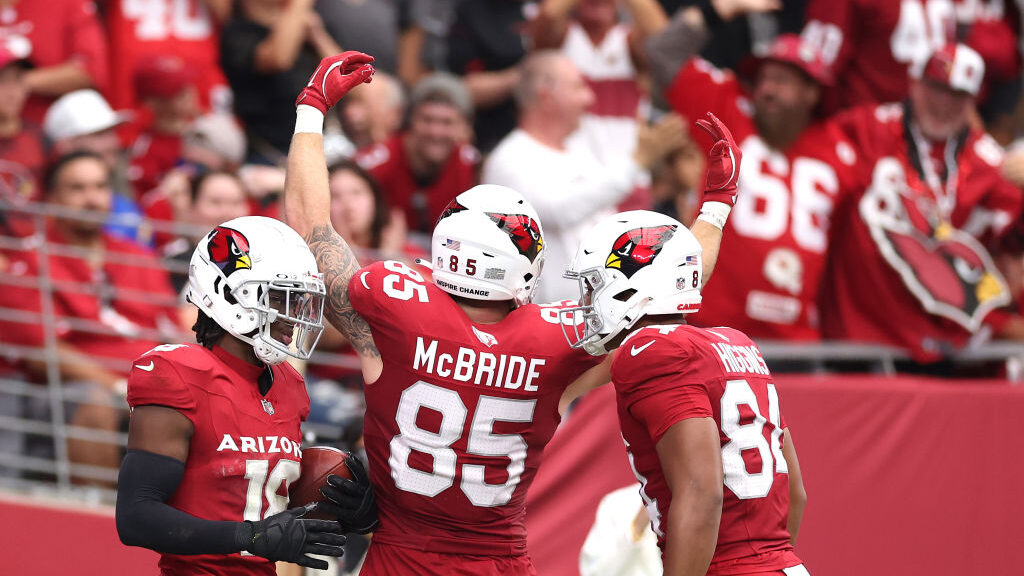 Arizona Cardinals TE Trey McBride celebrates a touchdown...