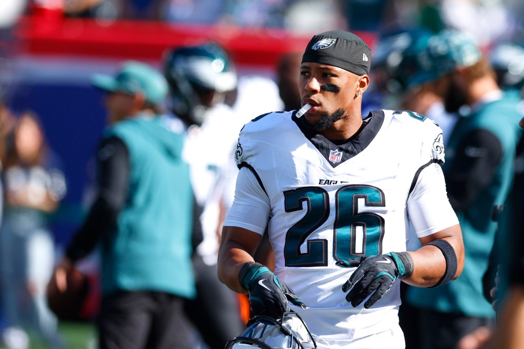 Philadelphia Eagles running back Saquon Barkley (26) warming up before a game against the New York Giants on October 20, 2024 in East Rutherford, NJ.