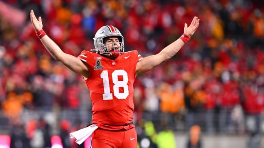 Steelers' 2025 NFL Draft sixth-round pick quarterback Will Howard celebrating during a game.