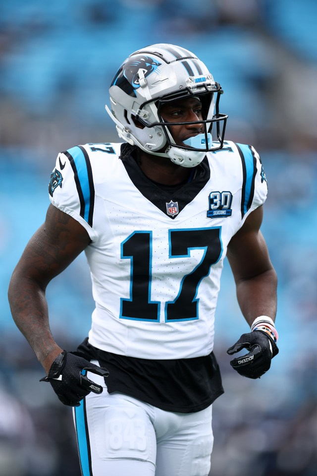 Xavier Legette #17 of the Carolina Panthers warming up.