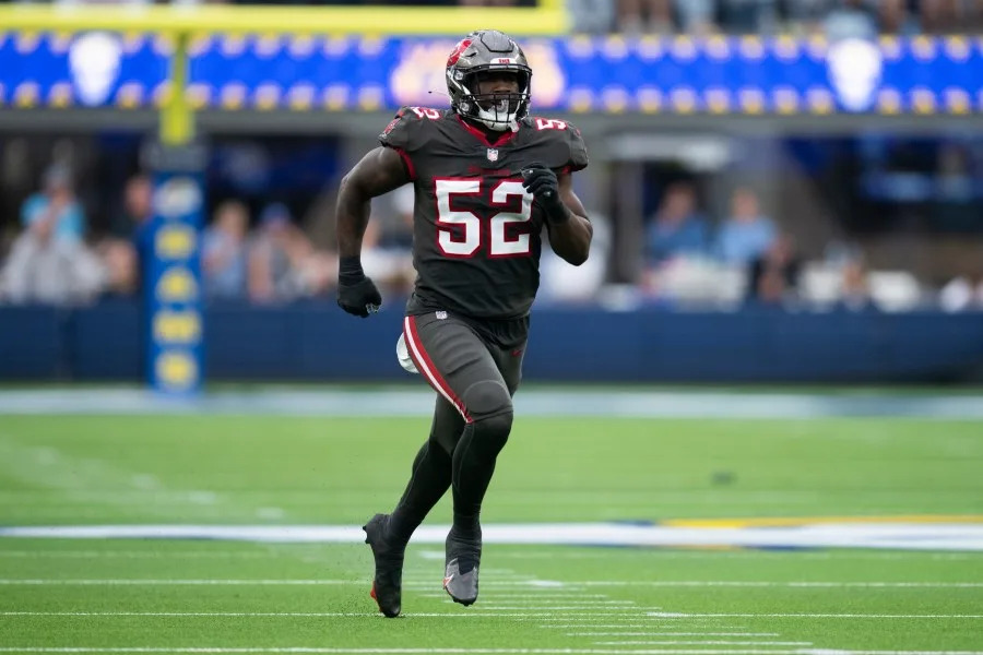 Tampa Bay Buccaneers linebacker K.J. Britt (52) runs during an NFL football game against the Los Angeles Rams Sunday, Sept. 26, 2021, in Inglewood, Calif. (AP Photo/Kyusung Gong)