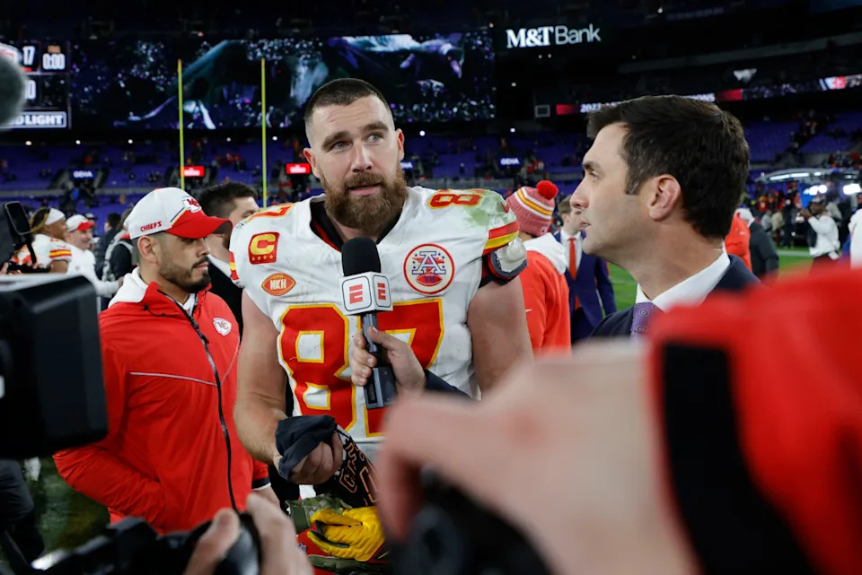 Kansas City Chiefs TE Travis Kelce talks with a reporter after a game against the Baltimore Ravens.Geoff Burke-Imagn Images