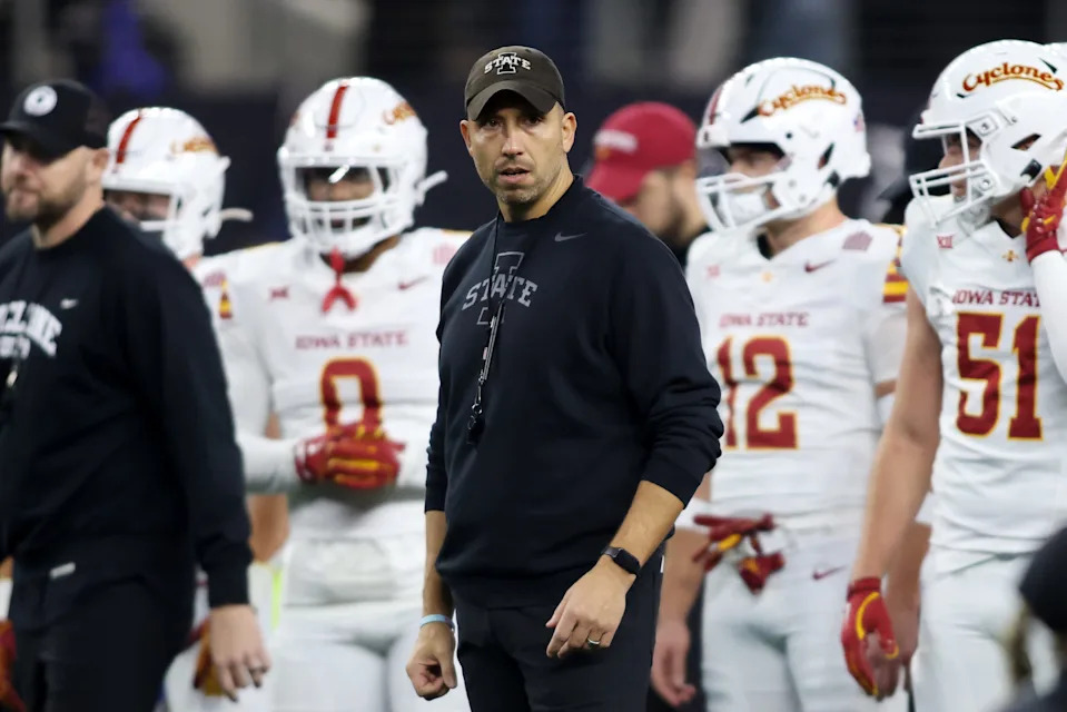 Dec 7, 2024; Arlington, TX, USA; Iowa State Cyclones head coach Matt Campbell stands on the field before the game against the Arizona State Sun Devils at AT&T Stadium. Mandatory Credit: Tim Heitman-Imagn Images