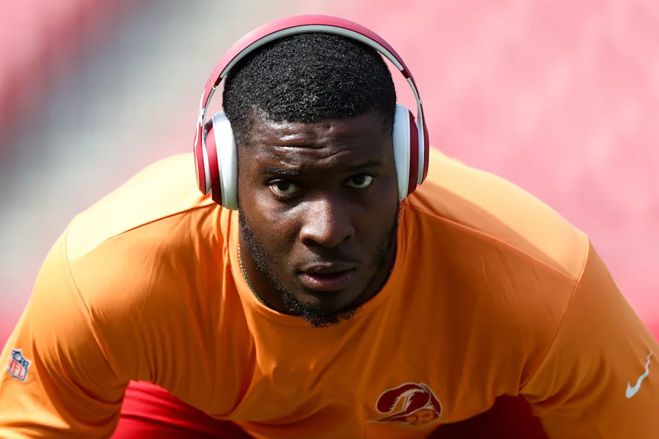 Oct 27, 2024; Tampa, Florida, USA; Tampa Bay Buccaneers linebacker Chris Braswell (43) warms up before a game against the Atlanta Falcons at Raymond James Stadium. Mandatory Credit: Nathan Ray Seebeck-Imagn Images