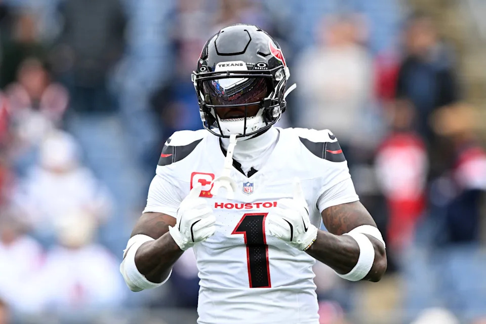 Houston Texans wide receiver Stefon Diggs (1) reacts before a game against the New England Patriots at Gillette Stadium.Brian Fluharty-Imagn Images