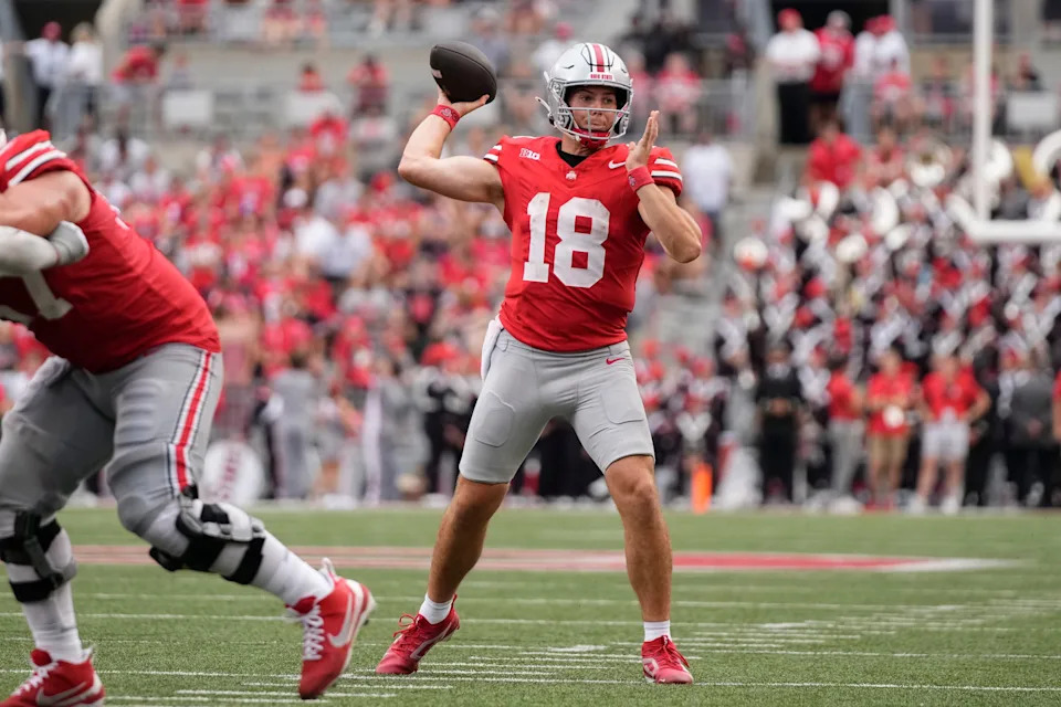 Aug 31, 2024; Columbus, OH, USA; Ohio State Buckeyes quarterback Will Howard (18) throws during the second half of the NCAA football game against the Akron Zips at Ohio Stadium. Ohio State won 52-6. Adam Cairns/Columbus Dispatch-USA TODAY NETWORK