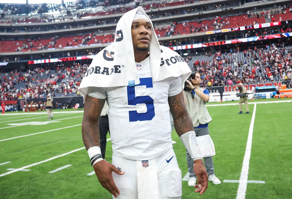 Indianapolis Colts quarterback Anthony Richardson (5) stands on the field after the game against the Houston Texans at NRG Stadium.© Troy Taormina-Imagn Images