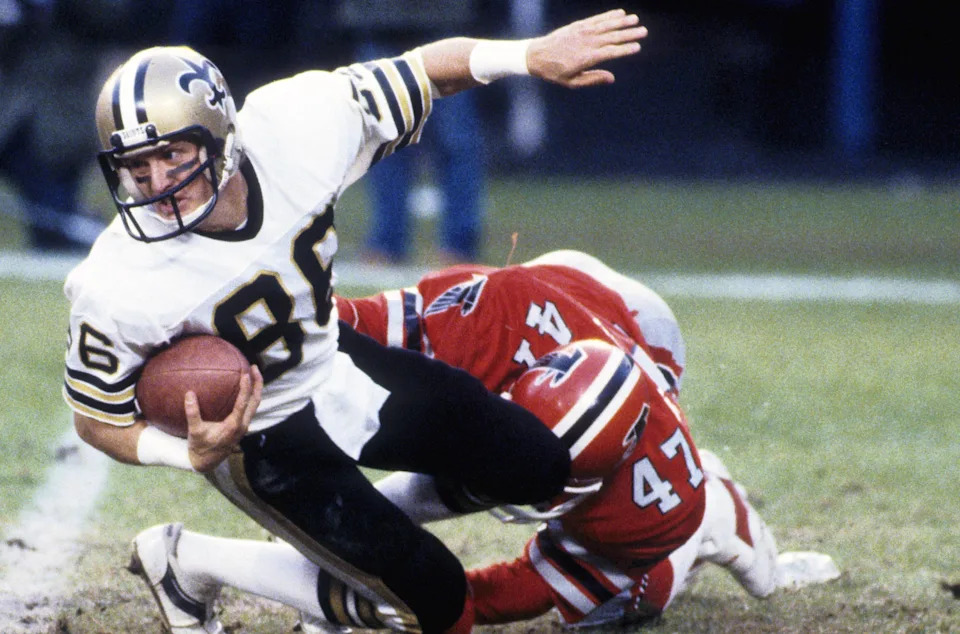 Dec 12, 1982; Atlanta, GA, USA; FILE PHOTO; New Orleans Saints receiver Jeff Groth (86) in action against the Atlanta Falcons at Fulton County Stadium. Mandatory Credit: Manny Rubio-USA TODAY Sports