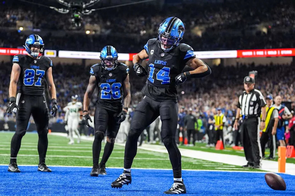Detroit Lions wide receiver Amon-Ra St. Brown (14) celebrates his touchdown in the fourth quarter of the N.F.L. game against the Seattle Seahawks at Ford Field in Detroit, Monday, Sept. 30, 2024. © Kimberly P&period; Mitchell &sol; USA TODAY NETWORK via Imagn Images