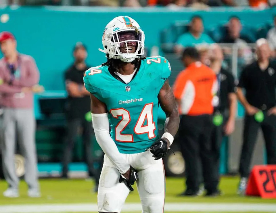 Miami Dolphins cornerback Cam Smith (24) grimaces during the fourth quarter of a preseason game at Hard Rock Stadium on Friday, August 11, 2023, in Miami Gardens, FL.JEFF ROMANCE&sol;THE PALM BEACH POST &sol; USA TODAY NETWORK