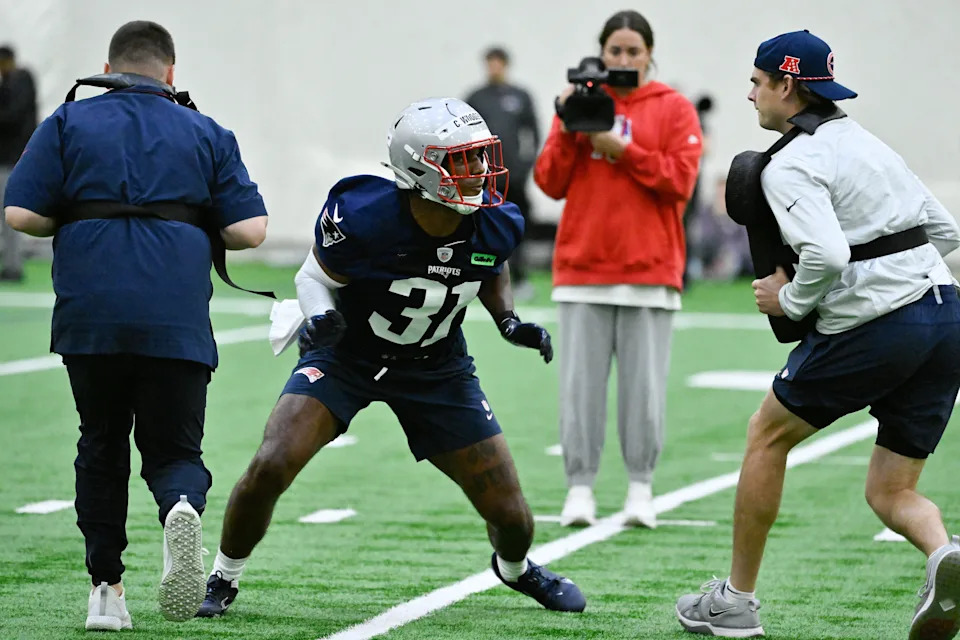 May 9, 2025; Foxborough, MA, USA; New England Patriots safety Craig Woodson (31) works with coaching staff at practice during rookie camp at Gillette Stadium. Mandatory Credit: Eric Canha-Imagn Images