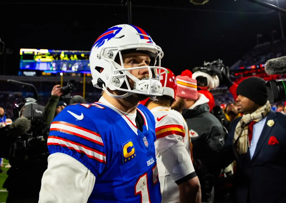 Buffalo Bills quarterback Josh Allen (17) reacts after losing to the Kansas City Chiefs during the 2024 AFC divisional round game at Highmark Stadium.© Mark J&period; Rebilas-USA TODAY Sports