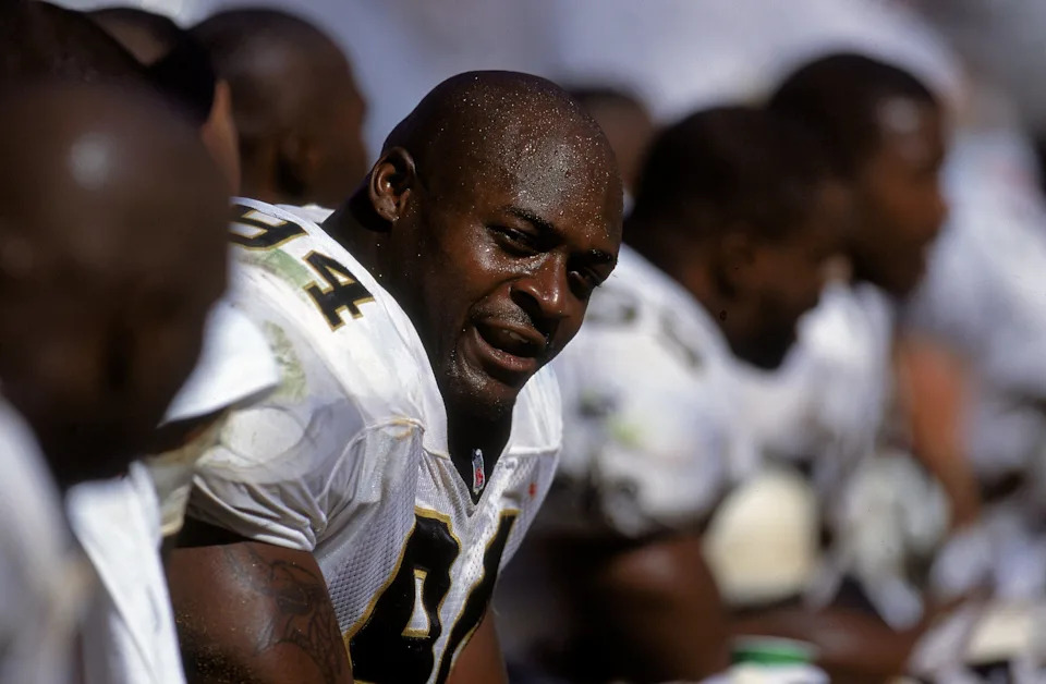 10 Sep 2000: Joe Johnson #94 of the New Orleans Saints looks down the bench during a game against the San Diego Chargers at Qualcomm Stadium in San Diego, California. The Saints defeated the Chargers 28-27.Mandatory Credit: Jeff Gross /Allsport