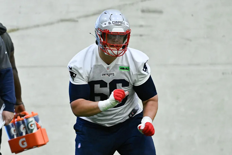 May 9, 2025; Foxborough, MA, USA; New England Patriots offensive tackle Will Campbell (66) practices during rookie camp at Gillette Stadium. Mandatory Credit: Eric Canha-Imagn Images