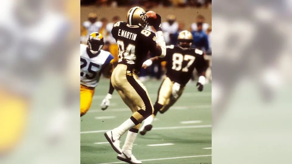 New Orleans Saints wide receiver Eric Martin (84) pulls in a pass against the Los Angeles Rams. Credit: neworleanssaints.com 
