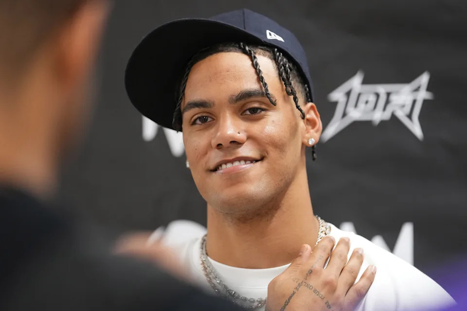 New England Patriots cornerback Christian Gonzalez speaks with the media before Mack Wilson Sr.â€™s 4th Annual Celebrity Basketball Game at Corona del Sol High School in Tempe, on May 10, 2025.