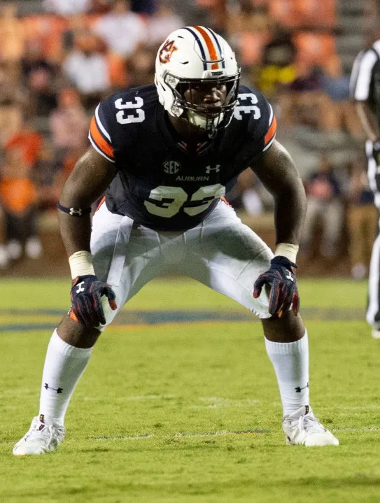 Auburn linebacker K.J. Britt (33) lines up against Alabama State during the second half of an NCAA college football game, Saturday, Sept. 8, 2018, in Auburn, Ala. (AP Photo/Vasha Hunt)