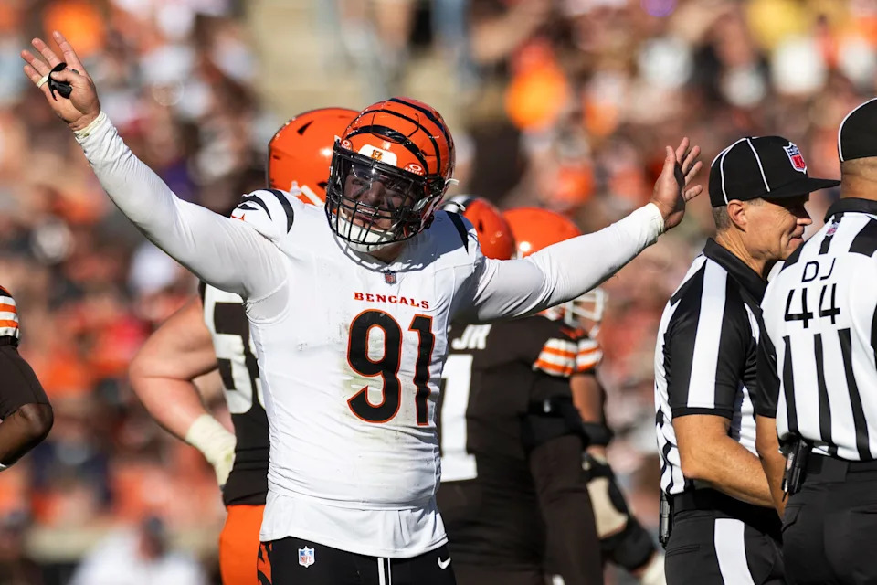 Cincinnati Bengals defensive end Trey Hendrickson reacts following penalty flags being thrown during the fourth quarter against the Cleveland Browns at Huntington Bank Field, Oct. 20, 2024 in Cleveland.