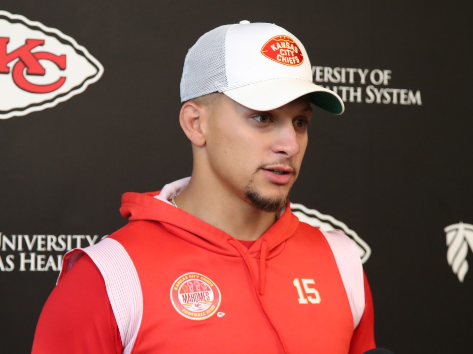 Patrick Mahomes, Kansas City Chiefs quarterback, speaks to the media.