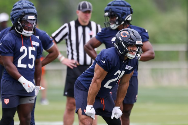 Bears running back Travis Homer (21) practices at Halas Hall on Tuesday, June 3, 2025. (Eileen T. Meslar/Chicago Tribune)