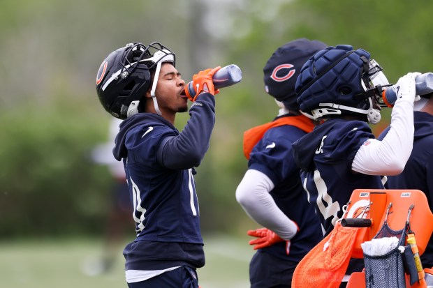 Bears wide receiver Tyler Scott drinks water during practice at Halas Hall on Tuesday, June 3, 2025. (Eileen T. Meslar/Chicago Tribune)