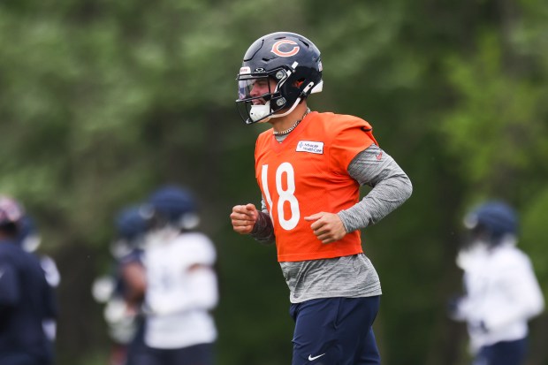 Bears quarterback Caleb Williams jogs during practice at Halas Hall on Tuesday, June 3, 2025. (Eileen T. Meslar/Chicago Tribune)