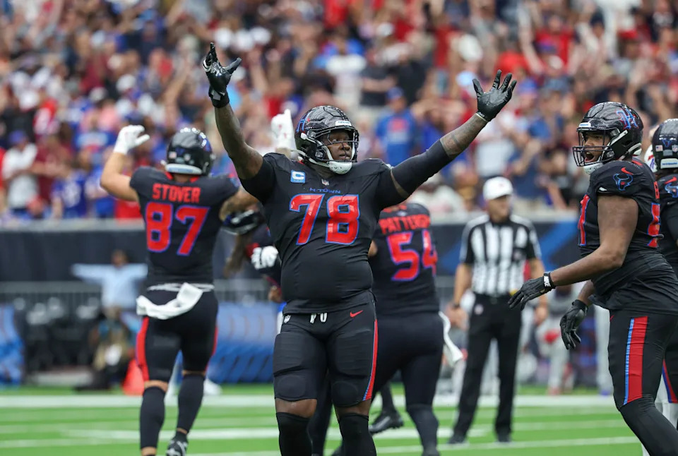 Houston Texans offensive tackle Laremy Tunsil (78) celebrates after the Texans defeated the Buffalo Bills at NRG Stadium. Mandatory Credit: Troy Taormina-Imagn Images