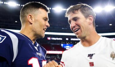 WATCH: Tom Brady gets tackled by Eli Manning, spits on Jets jersey in WWE-inspired walkout at Fanatics Fest