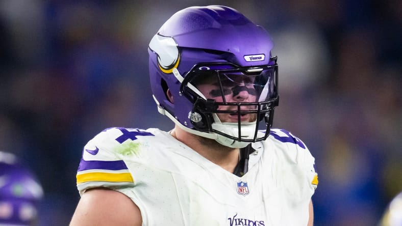 Blake Brandel lined up on the offensive line during a Vikings playoff game against the Rams. Blake Brandel Vikings.