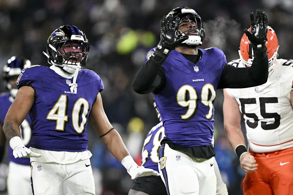 Jan 4, 2025; Baltimore, Maryland, USA; Baltimore Ravens linebacker Odafe Oweh (99) reacts after sacking Cleveland Browns quarterback Bailey Zappe (not pictured) during the second half at M&T Bank Stadium. Mandatory Credit: Tommy Gilligan-Imagn Images