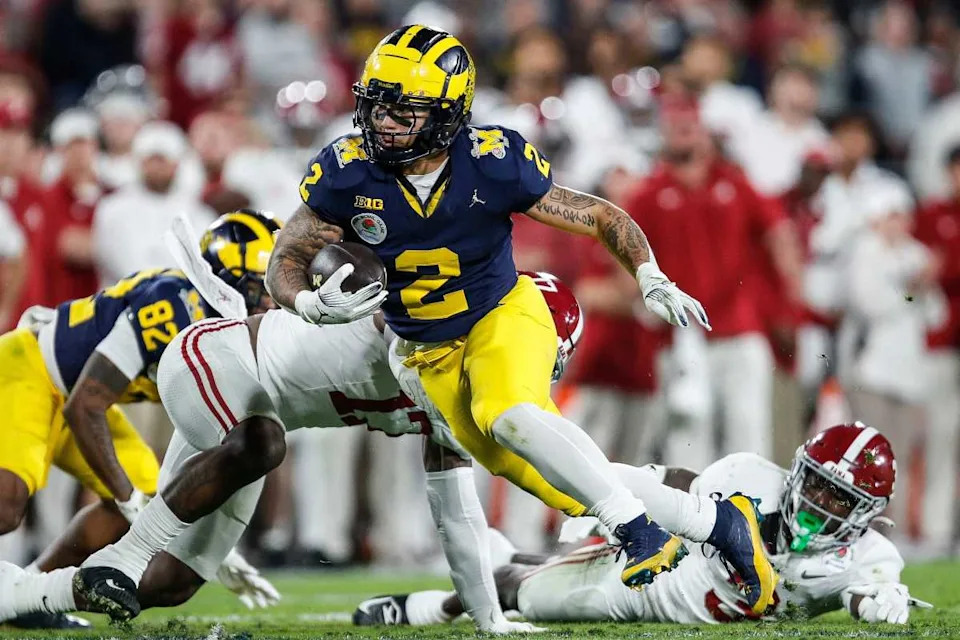 Michigan running back Blake Corum runs the ball against Alabama in their College Football Playoff semifinal game at the Rose Bowl in Pasadena, California, on Jan. 1, 2024.Junfu Han / USA TODAY Network